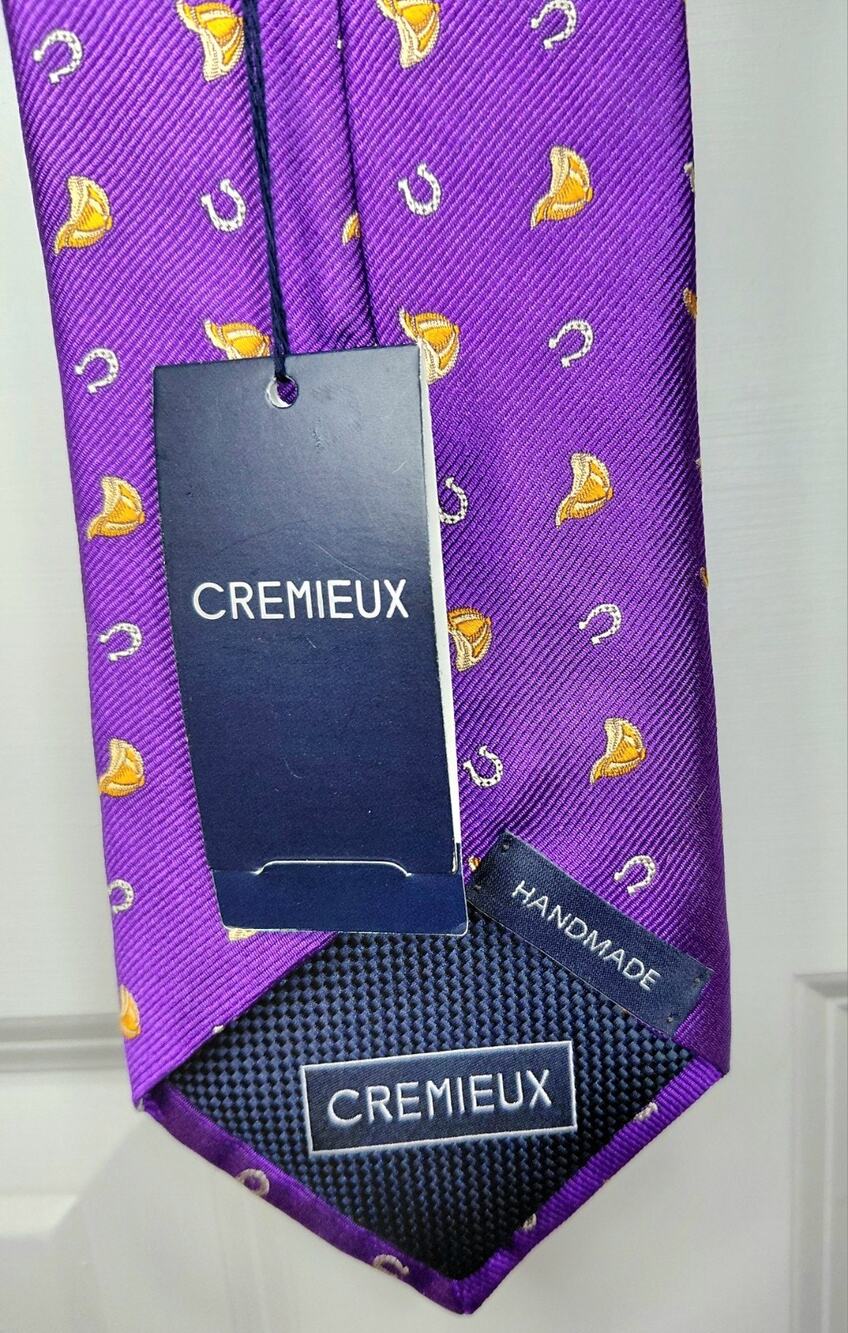 NWT Cremieux Handmade 100% Silk Tie Purple Equestrian Horseshoes Jockey Helmets